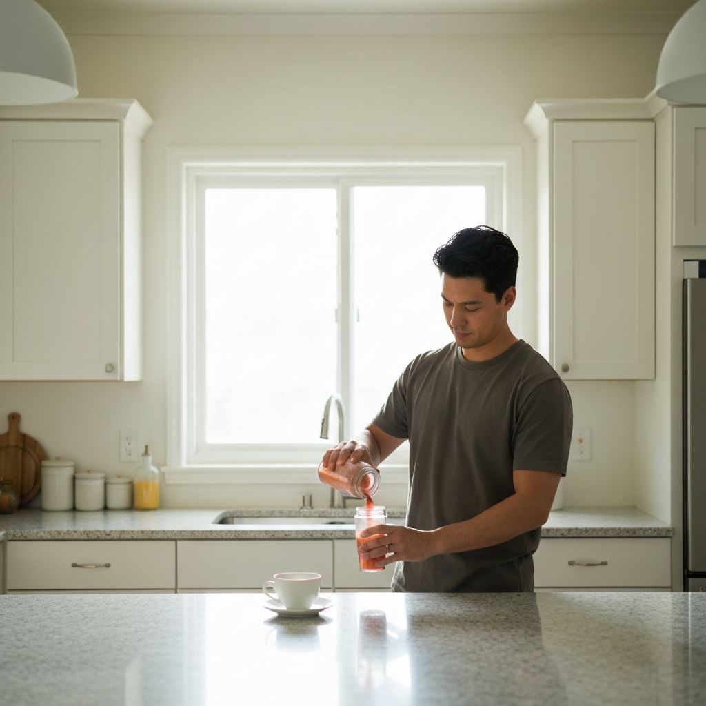 Man preparing supplement in morning kitchen