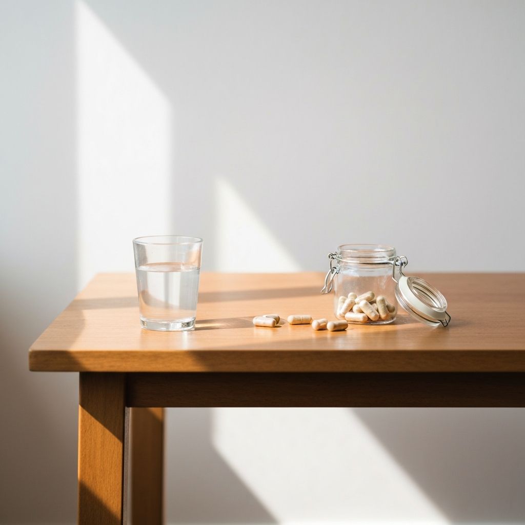 Supplement jar on wooden table with morning light